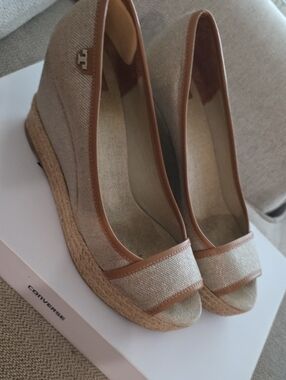 Tory Burch Beige and Brown Wedge Espadrilles